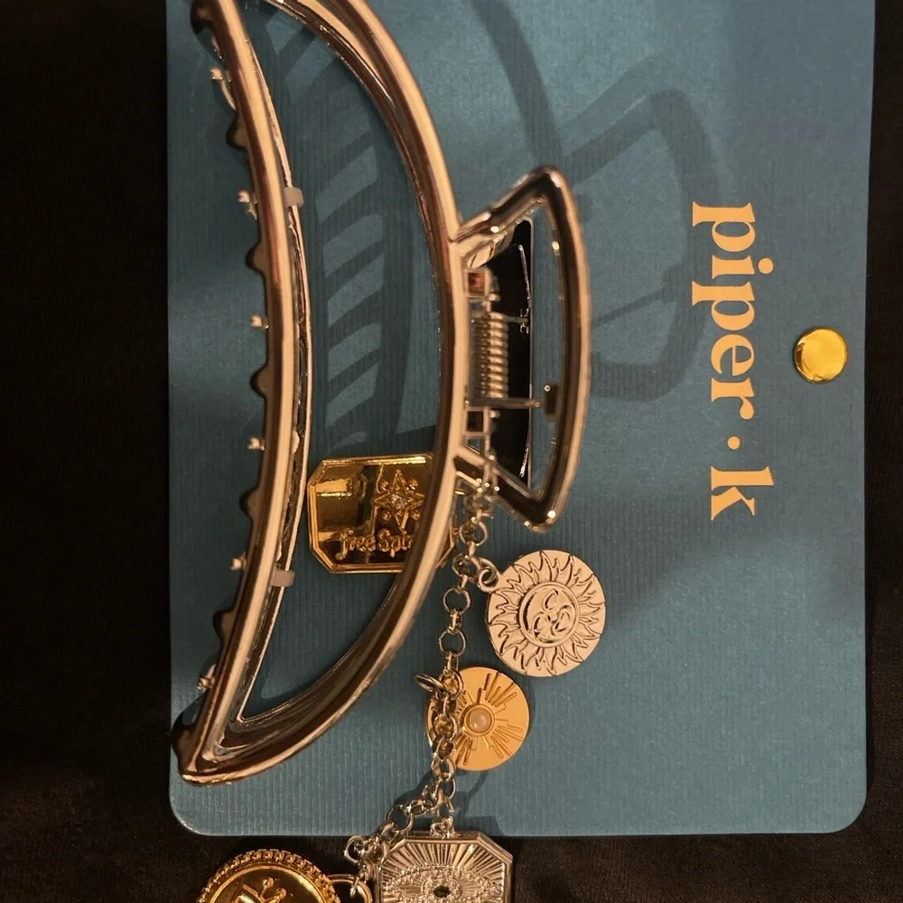 Piper K Silver Metal Claw Clip w/ Evil Eye + Sun Charm Dangles nwt